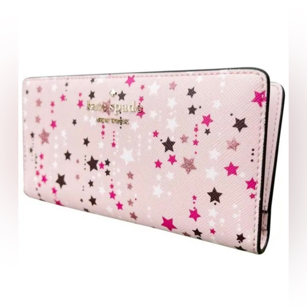 NWB Kate Spade Staci Large Slim Bifold Pink Glitter Wallet K4726 $149 Gift Bag